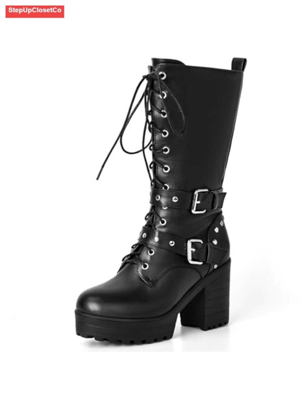 Lace Up Combat Chunky Platform Boots with Buckle Mid Calf Gothic Punk